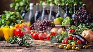 A wooden cutting board with vegetables and bottles of wine, AI