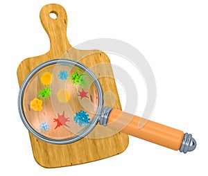 Wooden cutting board with viruses and bacterias under magnifying glass, 3D rendering