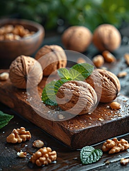 Wooden Cutting Board With Walnuts and Green Leaves.