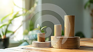 Wooden cylinder blocks shape bar charts illustration. Science, finance, business, marketing, graphic concept. AI generated.