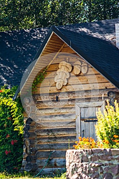 Wooden dacha house with garden