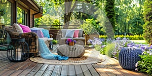 A Wooden Deck With Abundant Plants and Furniture