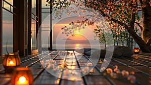 Wooden Deck Adorned With Candles and Flowers