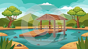 A wooden deck built atop a small pond providing a tranquil spot for hikers to stretch while watching graceful waterfowl