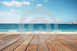 Wooden deck floor on the background of the sea and blue sky background. Generative AI