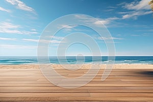 Wooden deck floor on the background of the sea and blue sky background. Generative AI