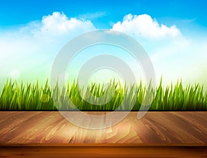 Wooden deck in front of green grass and blue sky background.