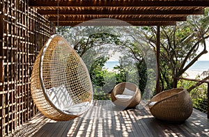 Lush Tropical Resort Balcony With Hanging Chair and Ocean View