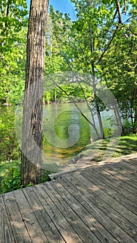 Wooden deck by Huron River, Island Park, Ann Arbor,  Michigan