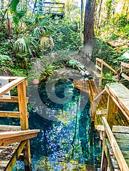 Wooden deck leads to the entrance to Paradise Springs, Ocala, Florida