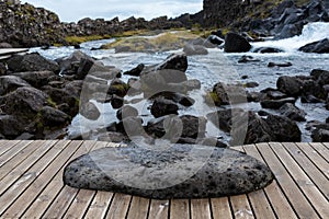 Wooden deck near the Oxararfoss waterfall