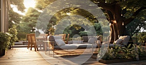 a wooden deck with outdoor furniture near a large tree