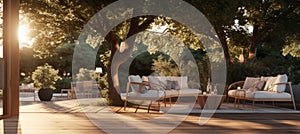 a wooden deck with outdoor furniture near a large tree