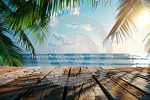 A wooden deck with palm trees, overlooking the beach under a cloudy sky