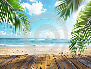 A wooden deck with palm trees, overlooking the beach under a cloudy sky