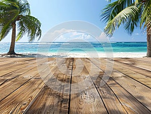 A wooden deck with palm trees, overlooking the beach under a cloudy sky