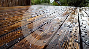 A wooden deck with rainwater pooling in knots and crevices resulting in a unique and rustic pattern. photo