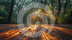 Wooden Deck With Sun Shining Through Trees