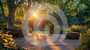 Wooden Deck With Sun Shining Through Trees