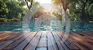 Wooden deck swimming pool in tropical hotel resort house with exotic view.Macro.AI Generative