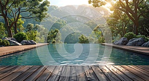 Wooden deck swimming pool in tropical hotel resort house with exotic view.Macro.AI Generative