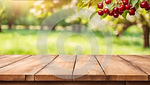 Wooden deck table with a cherry orchard blurred background.