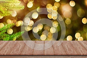 Wooden deck table over christmas holiday background