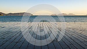 Wooden deck with a view of the sea, Naoshima Island, Japan,