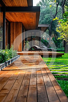 A wooden deck with a view of the trees and a lawn. Generative AI