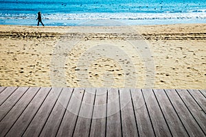 Wooden deck and winter sea at Gwangalli Beach in Busan, Korea