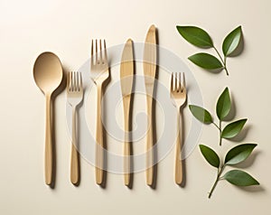 Wooden decomposable forks, spoons and knives on a light surface photo