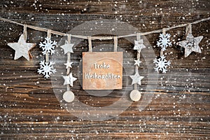 Wooden Decorated Christmas Label With Text Frohe Weihnachten, Snowy