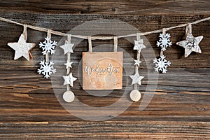 Wooden Decorated Christmas Label With Text Frohe Weihnachten Und Ein Gutes Neues Jahr