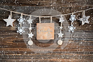 Wooden Decorated Christmas Label With Text Frohe Weihnachten Und Ein Gutes Neues Jahr, Snowy