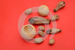 Wooden decoration peices on red background