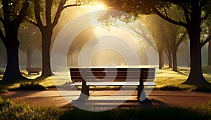 Wooden decorative bench in a city park against the backdrop of trees, golden hour morning leisure