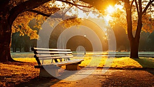 Wooden decorative bench in a city park against the backdrop of trees, golden hour morning leisure
