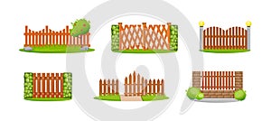 Wooden decorative fences set. Outdoor wooden fence architecture elements. Home protection, boundary for country house
