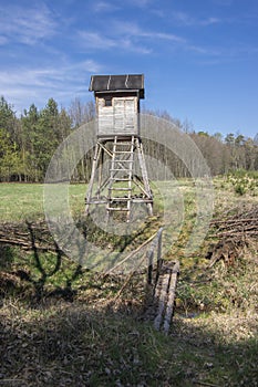 Wooden deer stand looks like elevated tiny house with ladder situated on small glade in the middle of forest, blue sky and sunny