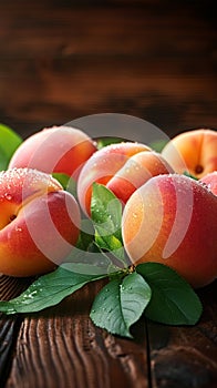 Wooden delight Ripe peaches with leaves on a fresh background