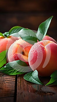 Wooden delight Ripe peaches with leaves on a fresh background