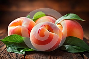 Wooden delight Ripe peaches with leaves on a fresh background