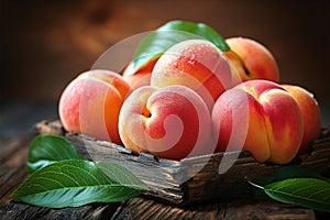 Wooden delight Ripe peaches with leaves on a fresh background