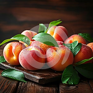 Wooden delight Ripe peaches with leaves on a fresh background