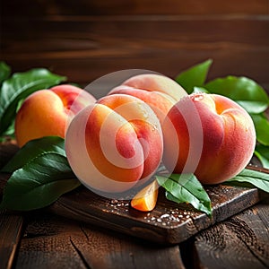 Wooden delight Ripe peaches with leaves on a fresh background