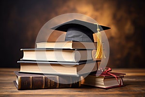 Wooden desk academia, graduation cap perched on a stack of books