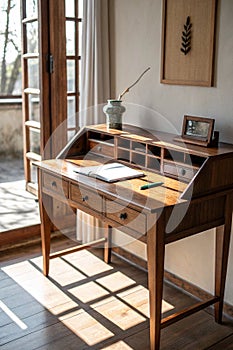 Desk of wood and brown window shadow in interior photo