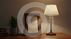 A wooden desk features a table lamp with a beige shade, providing a soft glow. Next to photo