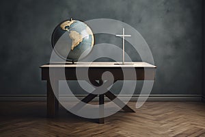 Wooden desk with a globe and a cross. Missionary work