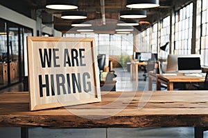 Wooden desk, WE ARE HIRING sign, modern office space, natural light photo